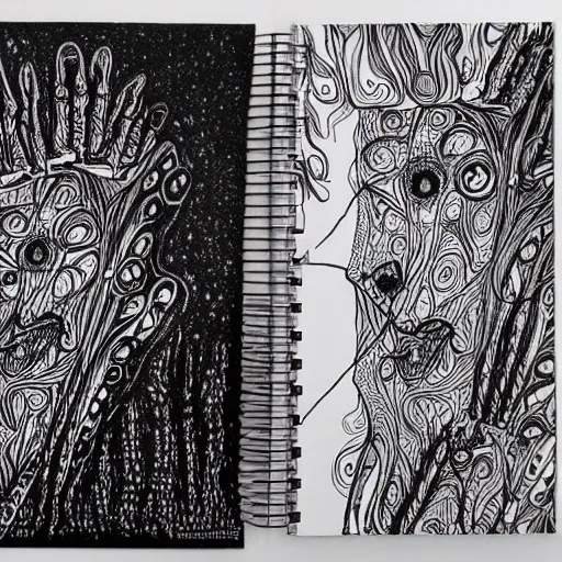 Image similar to psychedelic pencil sketches about social anxiety on a notebook