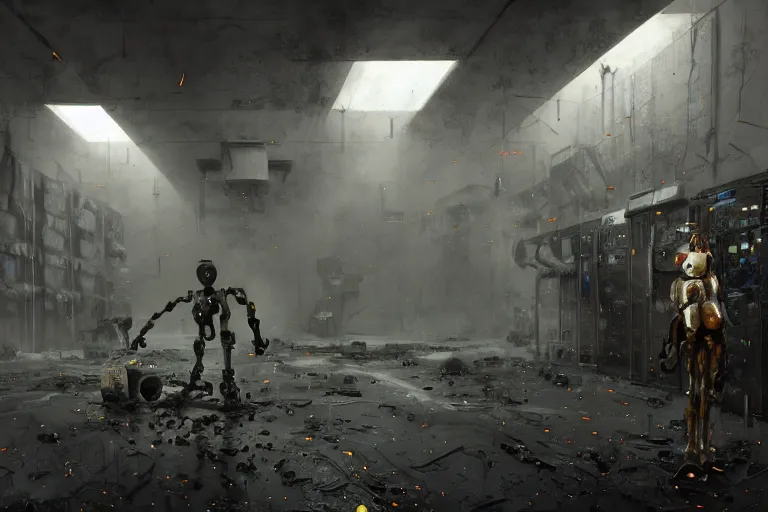 Image similar to gloomy colossal ruined server room in datacenter by eddie mendoza blender robot figure automata headless drone robot knight welder posing pacing fixing soldering mono sharp focus, emitting diodes, smoke, artillery, sparks, racks, system unit, motherboard, by rutkowski artstation hyperrealism cinematic dramatic painting concept art of detailed character design matte painting