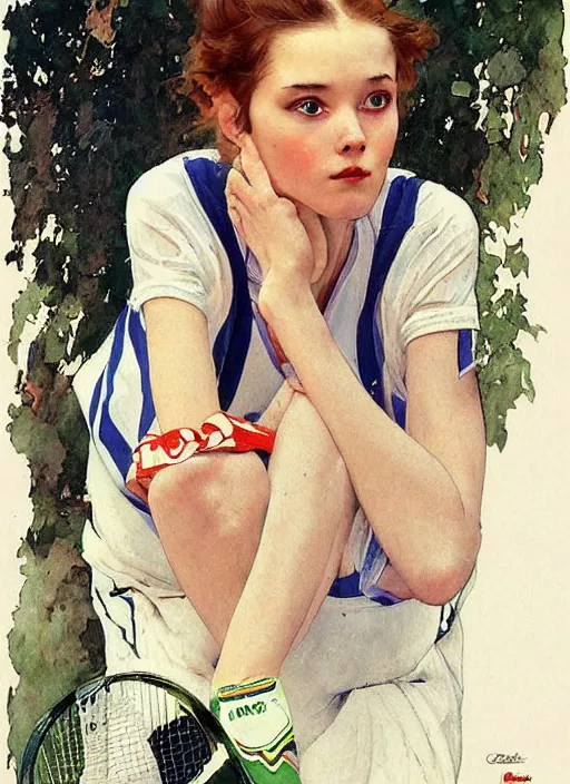 Image similar to a copic maker art nouveau portrait of a russian beautiful skinny girl with sad face wearing a tennis player outfit from lacoste by john berkey norman rockwell