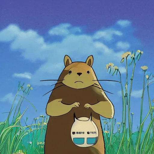 Image similar to a beautiful illustration of a capybara superhero by studio ghibli, new contemporary art, comic book illustration, anime, my neighbor totoro