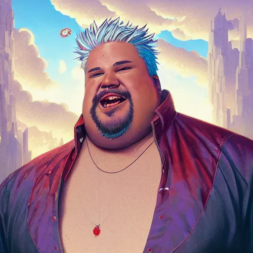 Image similar to Highly detailed portrait of fat Guy Fieri, Stephen Bliss, unreal engine, fantasy art by Greg Rutkowski, Loish, Rhads, ferdinand knab, Makoto Shinkai and Lois van baarle, ilya kuvshinov, rossdraws, Tom Bagshaw, alphonse mucha, global illumination, radiant light, detailed and intricate environment