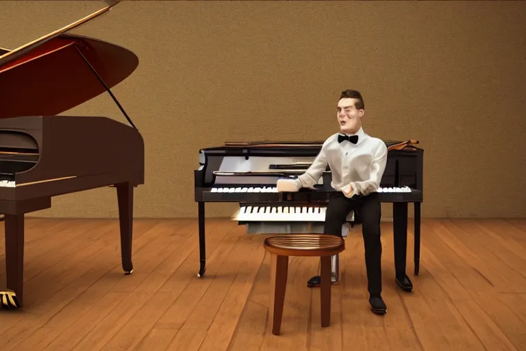 Image similar to a giant ant sitting on a piano bench wearing a bow tie and playing the piano, unreal engine, photorealistic digital art