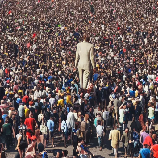 Prompt: a 3 0 foot tall man walking among the crowd