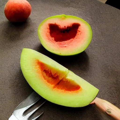 Image similar to half man half melon, killer, knife, dark and moody