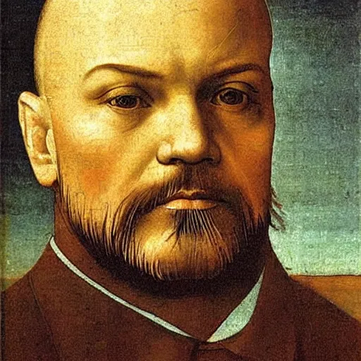Prompt: !dream A portrait of Lenin, oil on canvas by Leonardo Da Vinci