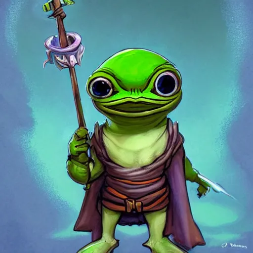 Image similar to cute little anthropomorphic pepe frog, wielding a magic staff, tiny, small, short, wizard robe, cute and adorable, pretty, beautiful, dnd character art portrait, matte fantasy painting, deviantart artstation, by jason felix by steve argyle by tyler jacobson by peter mohrbacher, cinema