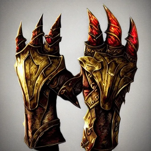 Prompt: warrior Gauntlet fist, war theme gauntlet fist, fantasy gauntlet of warrior, armored gauntlet fist, fiery coloring, epic fantasy style art, fantasy epic digital art, epic fantasy weapon art