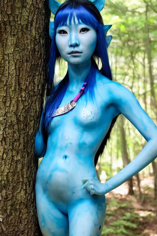 Image similar to a korean woman dressed as a blue-skinned female navi from avatar standing in a forest, blue body paint, high resolution film still, 8k, HDR colors, cosplay, outdoor lighting, high resolution photograph, photo by bruce weber, beautiful symmetric face, beautiful gazing eyes