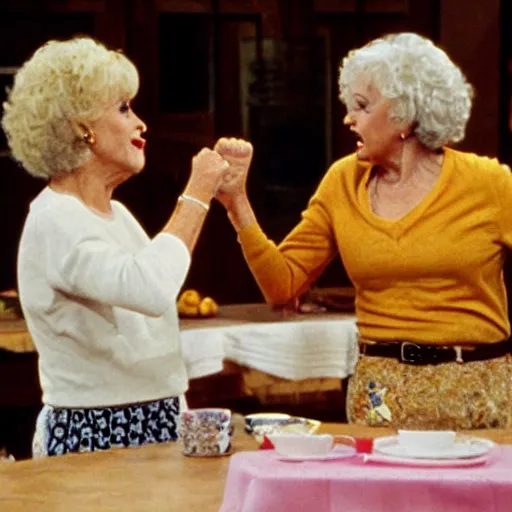 Prompt: The Golden Girls fist fighting over a bran muffin