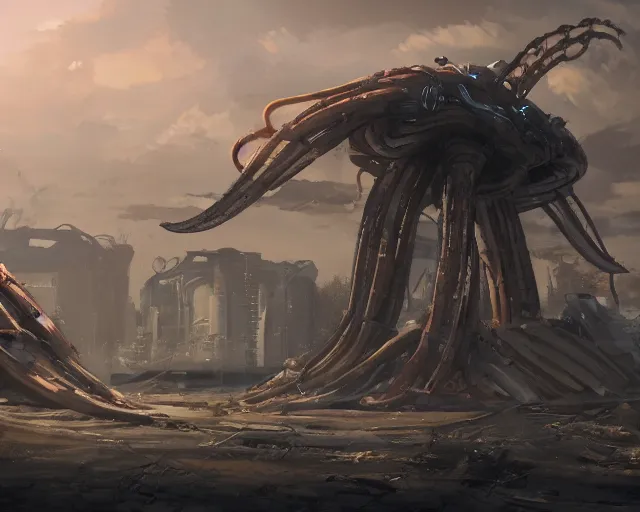 Prompt: beautiful picture of a giant octopus mecha, standing in a post-apocalyptic wasteland, anime style, art by Hajime Katoki, trending on artstation