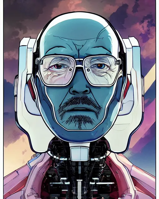 Image similar to portrait of walter white as a robot, cybernetic enhancements, art by makoto shinkai and alan bean, yukito kishiro