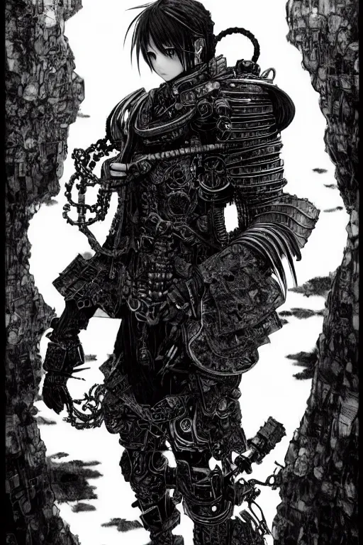 Image similar to a vertical portrait of a character in a scenic environment by Yoshitaka Amano and Nihei Tsutomu, black and white, dreamy, steampunk armor, black hair, highly detailed