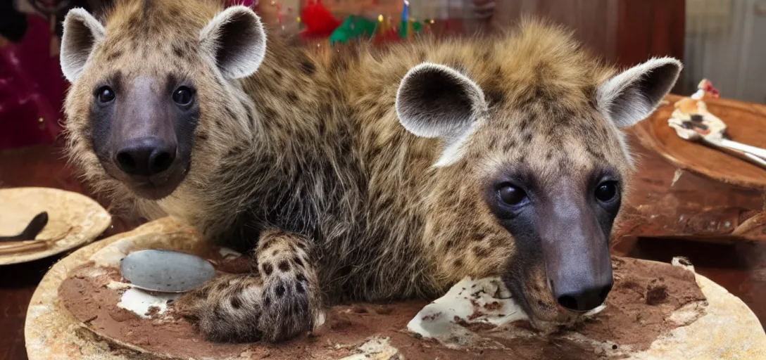 Image similar to a birthday cake, hyena sitting on top