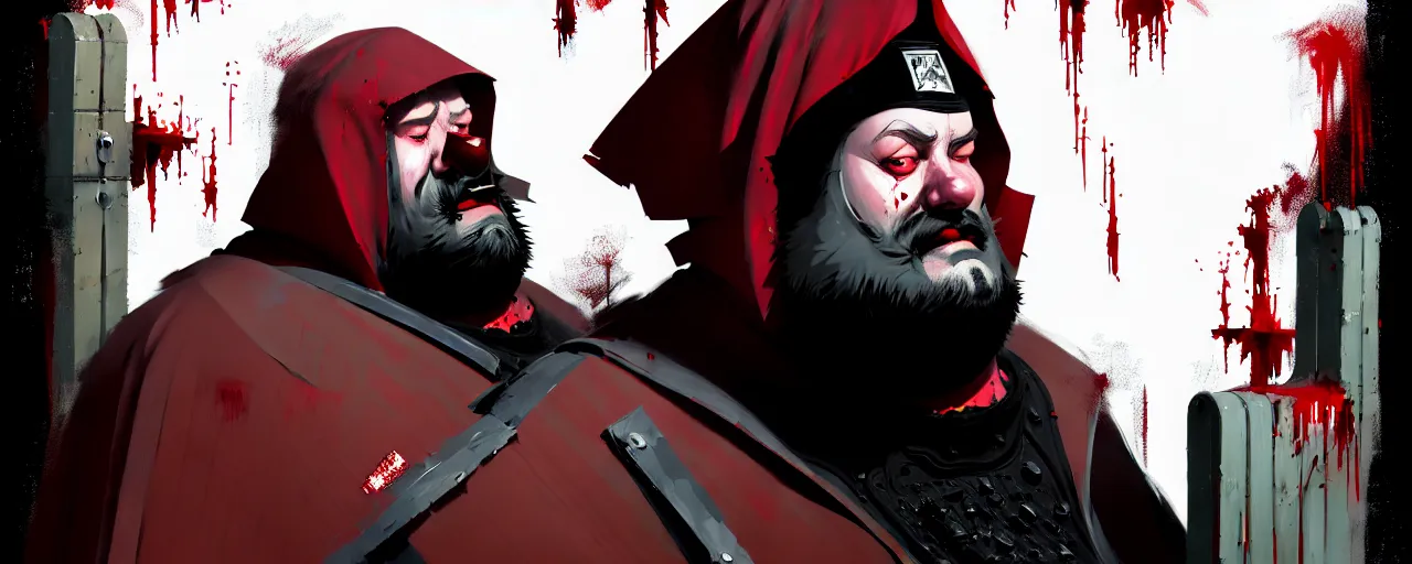 Image similar to duotone crimson comic noir illustration 3 / 4 portrait of bloody baron fat old man with patchy beard in steel armor and crimson cape hood from wicther 3 sitting in a wooden stronghold. by sachin teng and sergey kolesov and ruan jia and heng z. graffiti art, scifi, fantasy, hyper detailed. octane render. concept art. trending on artstation