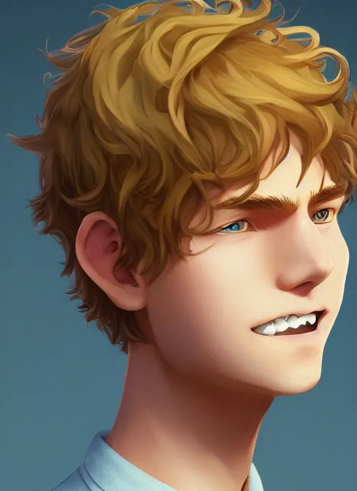 Image similar to young man with medium - length, curly, golden hair, perfectly proportioned face, aquamarine eyes, sweet smile, natural lighting, path traced, highly detailed, high quality, cartoon, digital painting, by new haicheng and studio ghibli