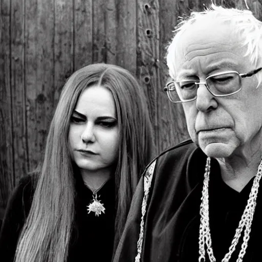 Image similar to the queen and bernie sanders in a norwegian black metal band