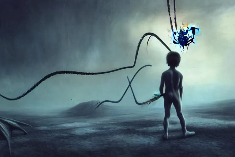 Image similar to realistic detailed photorealistic film portrait shot of a ghost kid playing with giant spider, futuristic sci-fi landscape on background by Denis Villeneuve, Amano, Yves Tanguy, Alphonse Mucha, Ernst Haeckel, Max Ernst, Andrei Tarkovsky, Edward Robert Hughes, Roger Dean, necklace, dynamic pose, rich moody colours, wide angle, blue eyes