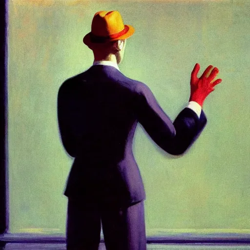 Image similar to a man waving. Hands donr by Edward Hopper.