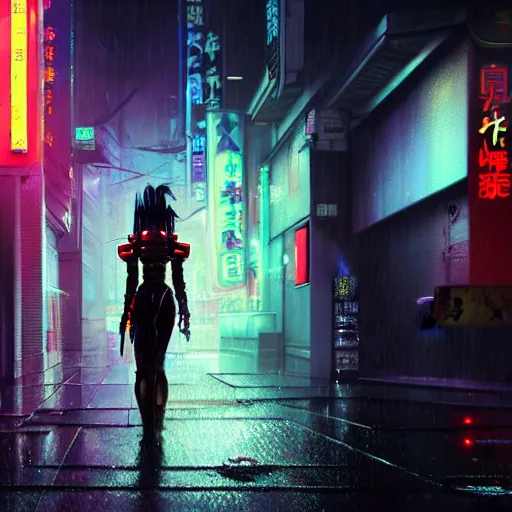 Image similar to An epic comic hyperrealistic painting of a cyber samurai girl, attractive, faces and details painted by painted by craig mullins, cyberpunk style color, heavy rainning at tokyo street night, neon lights all around, Matte painting, smoke, cinematic lighting, corona render, arnold render, movie concept art, 8k, RPG portrait, Concept world, rim lights, phtotrealistic, hdri