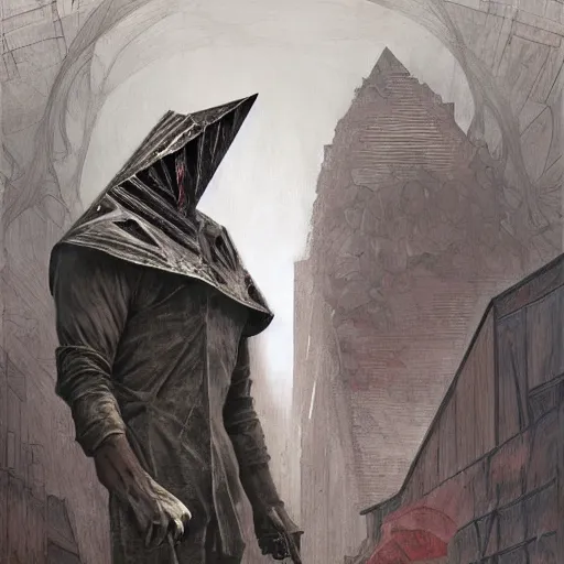 Image similar to Pyramid Head from Silent hill, highly detailed, digital painting, artstation, concept art, smooth, sharp focus, illustration, ArtStation, art by artgerm and greg rutkowski and alphonse mucha and J. C. Leyendecker and Edmund Blair Leighton and Katsuhiro Otomo and Geof Darrow and Phil hale and Ashley wood and Ilya repin and Charlie Bowater