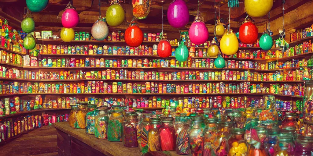 Image similar to Inside an old magical sweet shop, large jars on shelves, beautiful labels, fantasy vendor interior, wide angle, cinematic, highly detailed, photorealistic, rich bright colors, trending on artstation, trending on cgsociety