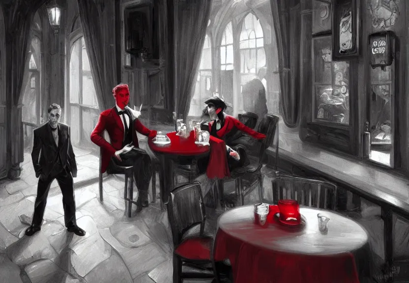 Prompt: the devil demon and a handsome Frenchman sitting in a Irish pub, film noir style, black and white and red colors, establishing shot, highly detailed, digital painting, artstation, concept art, smooth, sharp focus, illustration, Unreal Engine 5, 8K, art by artgerm and greg rutkowski and alphonse mucha