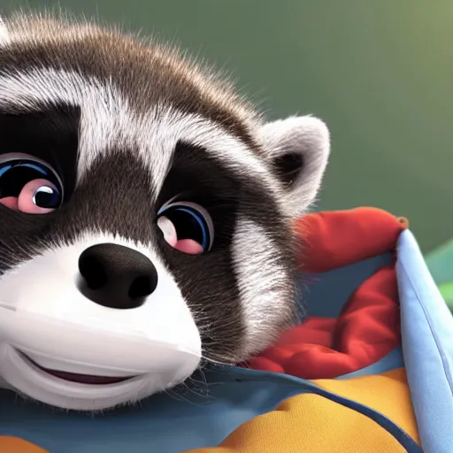 Image similar to a cute baby raccoon waearing a diaper in a sleeping bag and tent, 3d cgi, pixar adorable character art