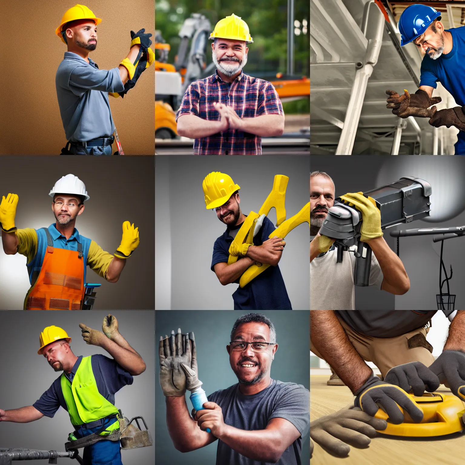 Prompt: a maintenance worker man with multiple arms and hands, photorealistic, 4 k, wide angle, workshop
