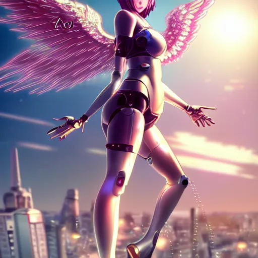 Image similar to cute endowed cyborg - angel girl with large angelic wings standing on the edge of a rooftop overlooking a floating city, left eye gold and right eye silver, biomechanical details, bionic cyborg implants, digital cyberpunk - anime art, full body shot, reflections, lens flare, wlop, ilya kuvshinov, artgerm, krenz cushart, greg rutkowski