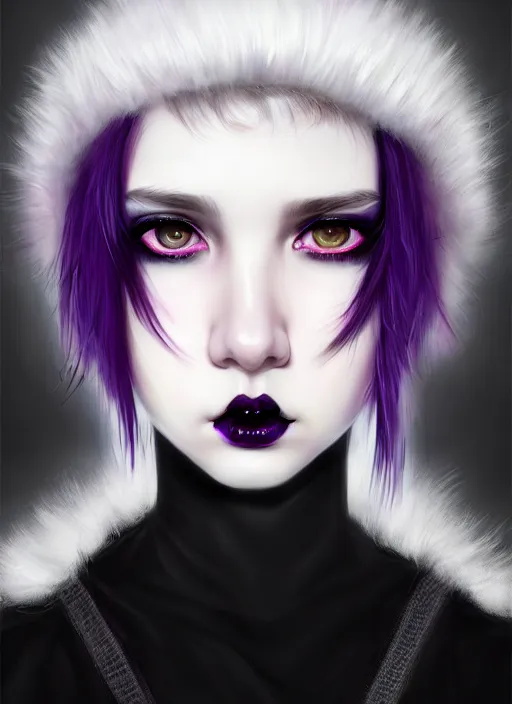 Image similar to portrait of white teenage girl, normal face, black bangs, mall goth, cyberlox, black and white hair, bangs, fluffy bangs, red contacts, purple lipstick, intricate, elegant, highly detailed, digital painting, artstation, concept art, sharp focus, smooth, illustration, art by wlop, mars ravelo and greg rutkowski