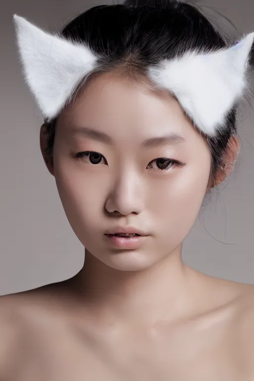 Prompt: aesthetic photograph of alluring young Japanese woman wearing white cat ear headband, by Nick Knight and jia ruan, headshot, realistic, photorealistic, HD, 4k resolution