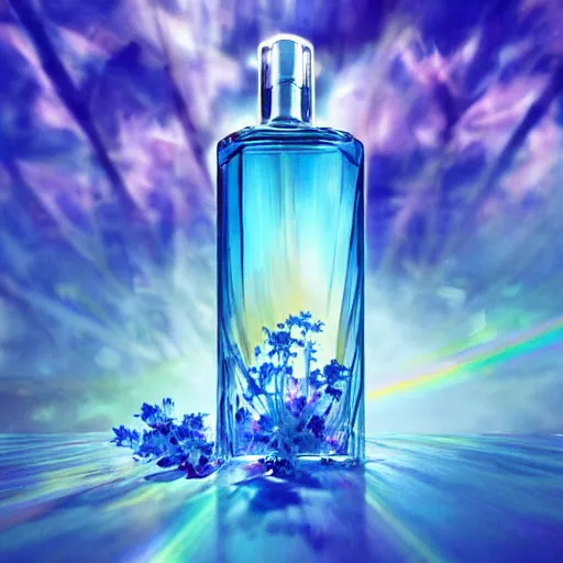 Image similar to photorealistic blue perfume bottle surrounded by plethora of blue flowers, lonely world still shining through faintly rainbow led lights, beautiful surreal scenery artwork pixiv. soul dust. unthinkable dream sublime god lighting, sun rays, cold colors. insanely detailed, artstation!! pixiv!! infinitely detailed created by god