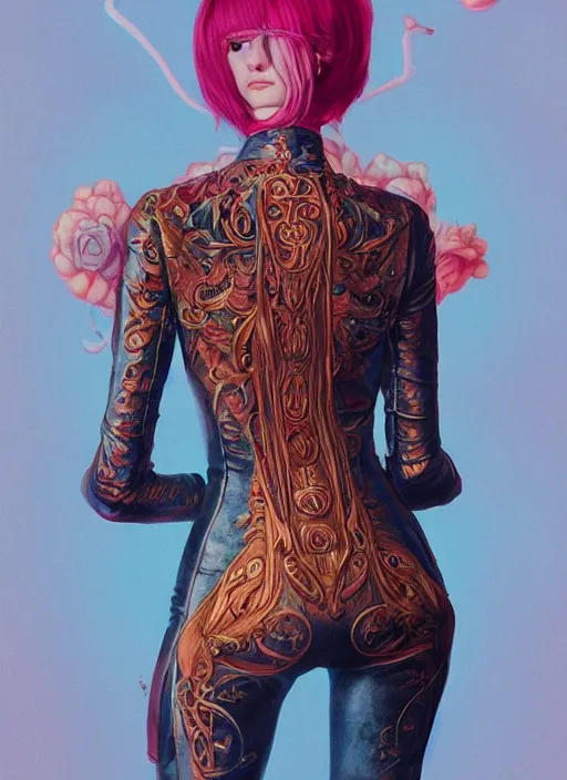 Image similar to skintight leather jacket : : by martine johanna and simon stalenhag and chie yoshii and casey weldon and wlop : : ornate, dynamic, particulate, rich colors, intricate, elegant, highly detailed, centered, artstation, smooth, sharp focus, octane render, 3 d