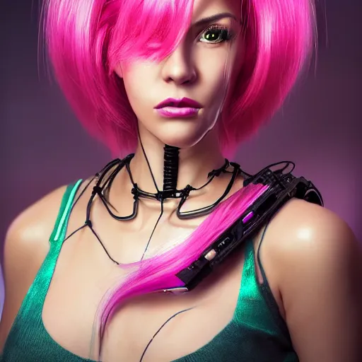 Image similar to portrait of a beautiful mexican woman with pink hair as a cyberpunk cyborg half robot, revealing wires and electronics, circuit boards, wire management, sci - fi, missing panels, intricate abstract upper body intricate artwork, concept art, octane render, deviantart, cinematic, key art, hyperrealism, iridescent accents, portrait photograph, nikon 3 5 mm, photograph by greg rutkowski