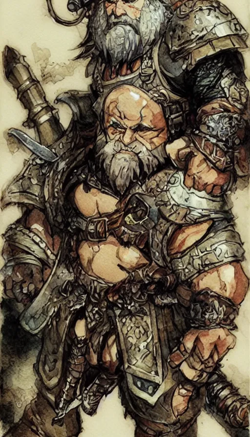 Image similar to Dwarf Barbarian, drawn by Yoji Shinkawa, water color, Dungeons and Dragons, Wizards of the Coast