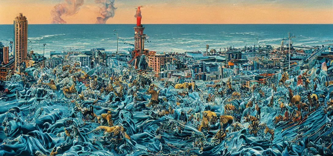 Image similar to apocaliptic Portrait of the city of Mar del Plata with a offshore oil dripping , crowd of sudamericans lions sea, by stephen Shoreand Arthur Adams , epic composition 35mm, 8k