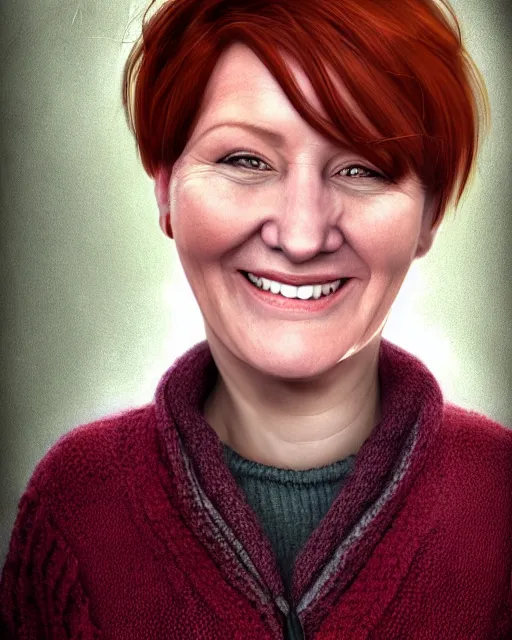 Image similar to portrait smiling of short and plump 5 0 - year - old woman with red hair and, kind face, round face, short hair, molly weasley, wearing in cardigan, hyper realistic face, beautiful eyes, character art, art by mark brooks, hyperdetailed, cryengine, trending on artstation, digital art