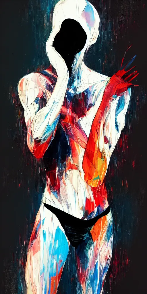 Image similar to abstract flowing brush strokes of the torso of one thin athletic man posing dramatically with no face, closeup, matte paint colors, conrad roset, dark abstract background, painting trending on artstation