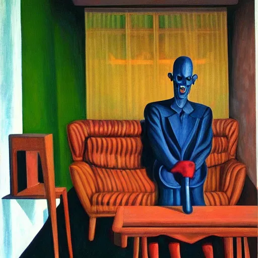 Image similar to laughing evil mastermind, human subjugation, mind control, dystopian, pj crook, edward hopper, oil on canvas