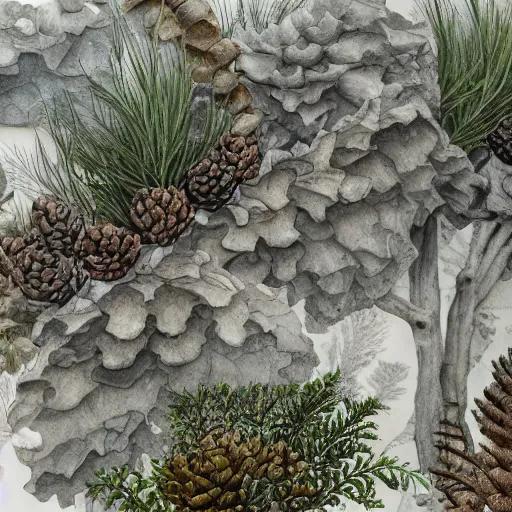 Image similar to delicate coastline mountain garden on paper, stony, puffy, botanical herbarium, botanic watercolors, iridescent, 8 k wide angle, realistic shaded, fine details, artstation, italian, colonnade, oak, pinecone, pomegranade, vines, gardena architecture, pompeian, sicilian