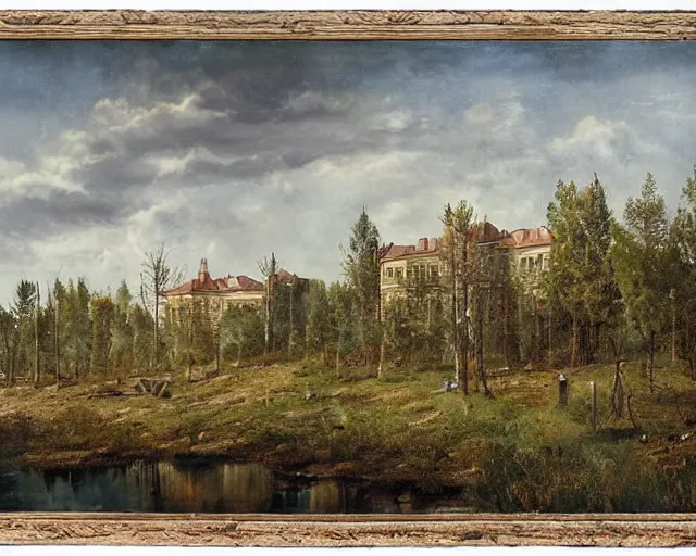 Image similar to beautiful matte painting of cute soviet block of flats hrushevka in end of forest by ivan shishkin,