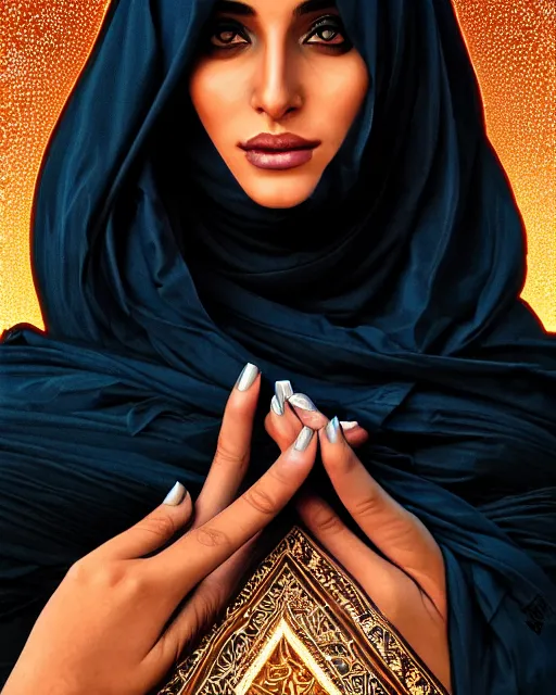 Image similar to Portrait of very very very very very very beautiful Arab woman wearing a Niqab, glowing magical eyes, energy trails, under giant full moon in the desert, intricate, elegant, highly detailed, digital painting, artstation, concept art, smooth, sharp focus, illustration, art by artgerm and greg rutkowski and alphonse mucha