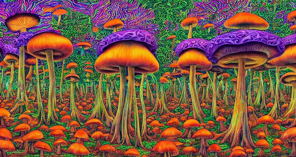 Prompt: A tribal village in a forest of giant mushrooms, by Alex Grey ,