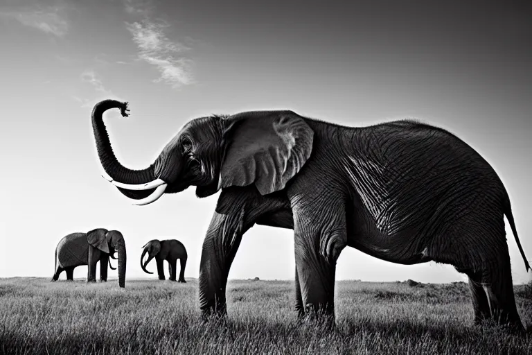 Prompt: a photograph of an elephant with the fur of a zebra, national geographic, mid-day sunlight, blue sky, award winning photo, 100mm lens