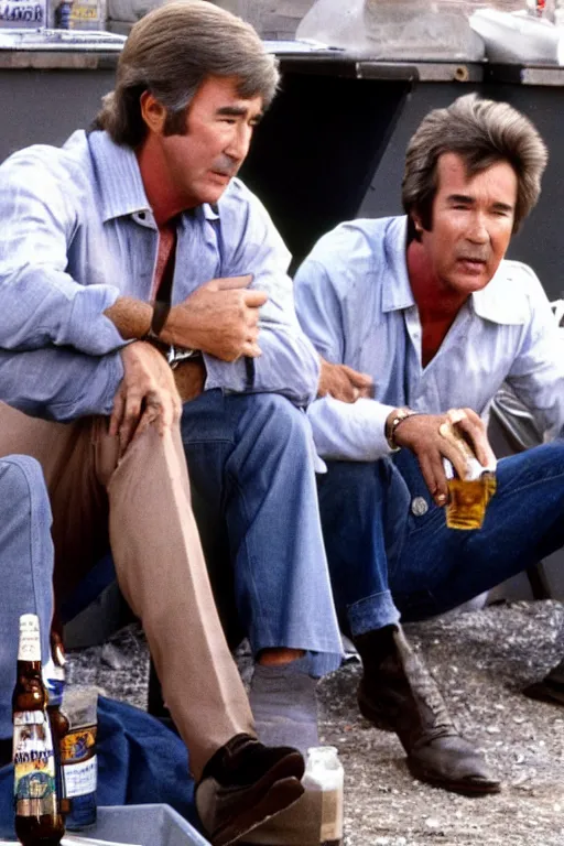 Image similar to randy mantooth and kevin tighe drunk, sitting by a dumpster drinking beer, many empty bottles lie around them