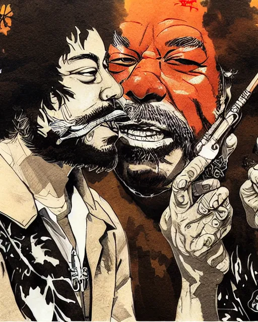 Prompt: portrait of cheech and chong smoking blunts, concept art, sumi - e style, intricate linework, artstation, trending, highly detailed, smooth, focus, art by yoji shinkawa,