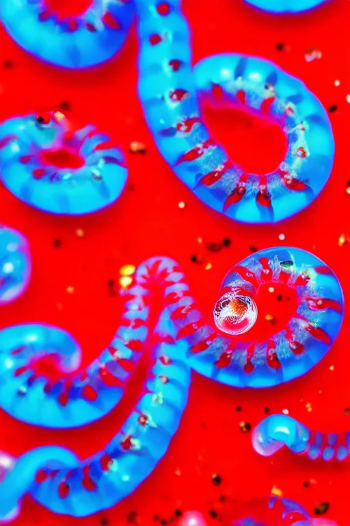 Image similar to high quality close-up photo translucent gelatinous worms! gorgeous red dots highly detailed hannah yata elson peter cinematic turquoise lighting high quality low angle hd 8k sharp shallow depth of field