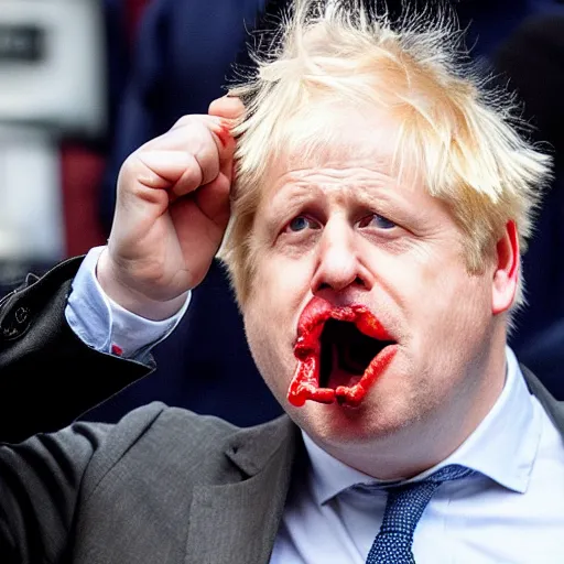 Image similar to boris johnson eating a hotdog mouth wide open, side profile