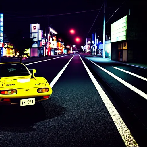 Image similar to a car Mazda RX7 in middle of road, gunma prefecture, night city, cinematic color, photorealistic, highly detailed