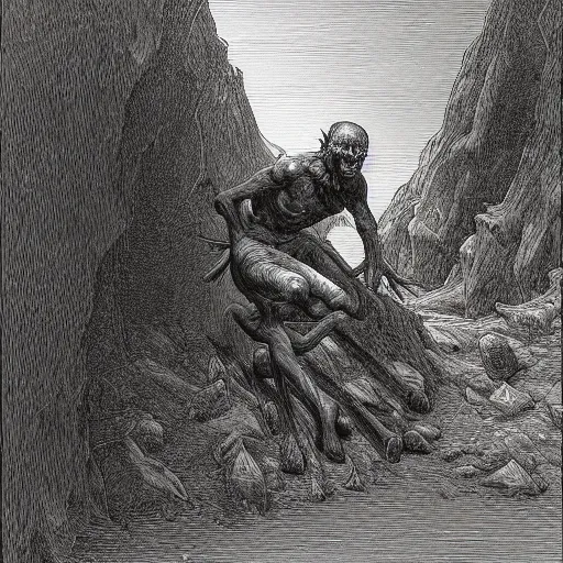 Image similar to a demon crawling up from a canyon, highly detailed, in the style of Gustave Dore